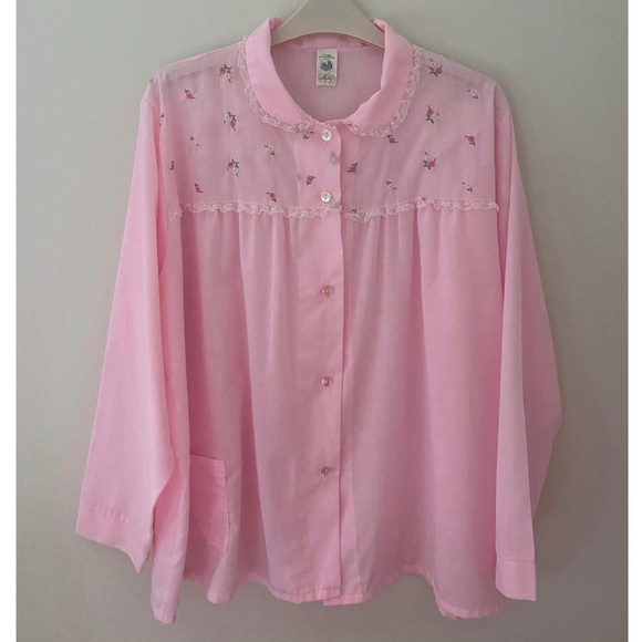 Vintage Pink Button Down Poly Cotton Sleep Shirt - Embroidered Roses - Lace - M - Picture 1 of 7